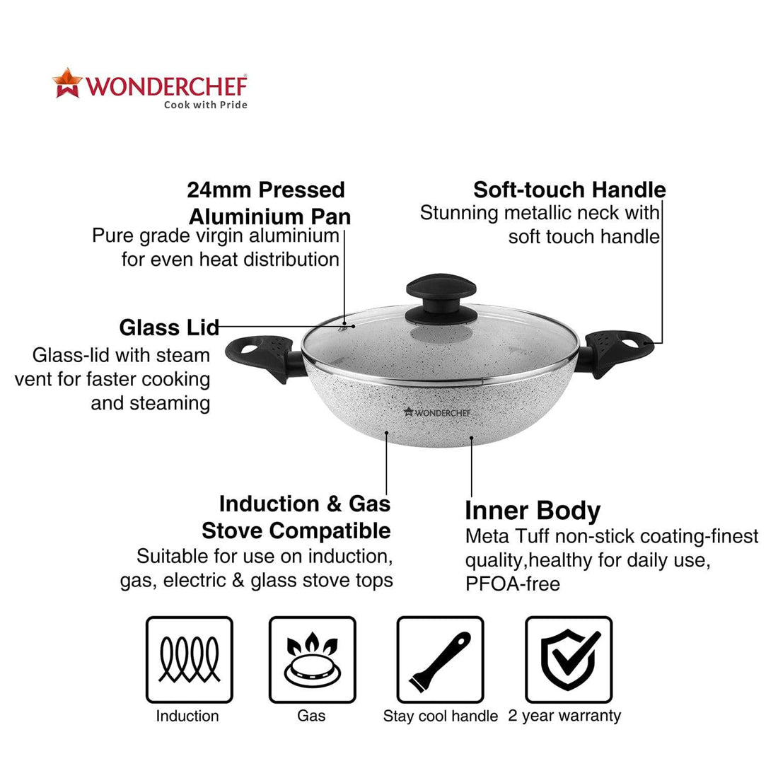 Wonderchef Romano Warm White Wok with Lid 24cm - Wonderchef