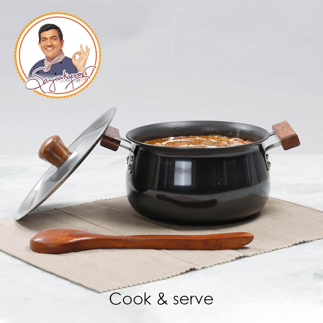 Ebony Handi with Lid, Induction Friendly, Wooden Handle, Hard Anodized Aluminium- 3.25mm, Black,  5 Years Warranty