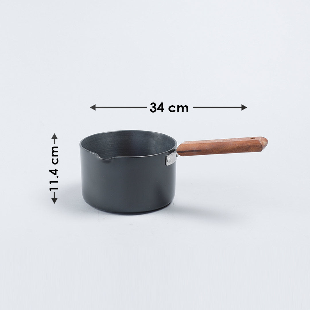 Ebony  Non-stick Sauce Pan, Induction Bottom, Wooden Handle, Hard Anodized Aluminium- 16cm, 2L, 3.25 mm, 5 Years Warranty, Black