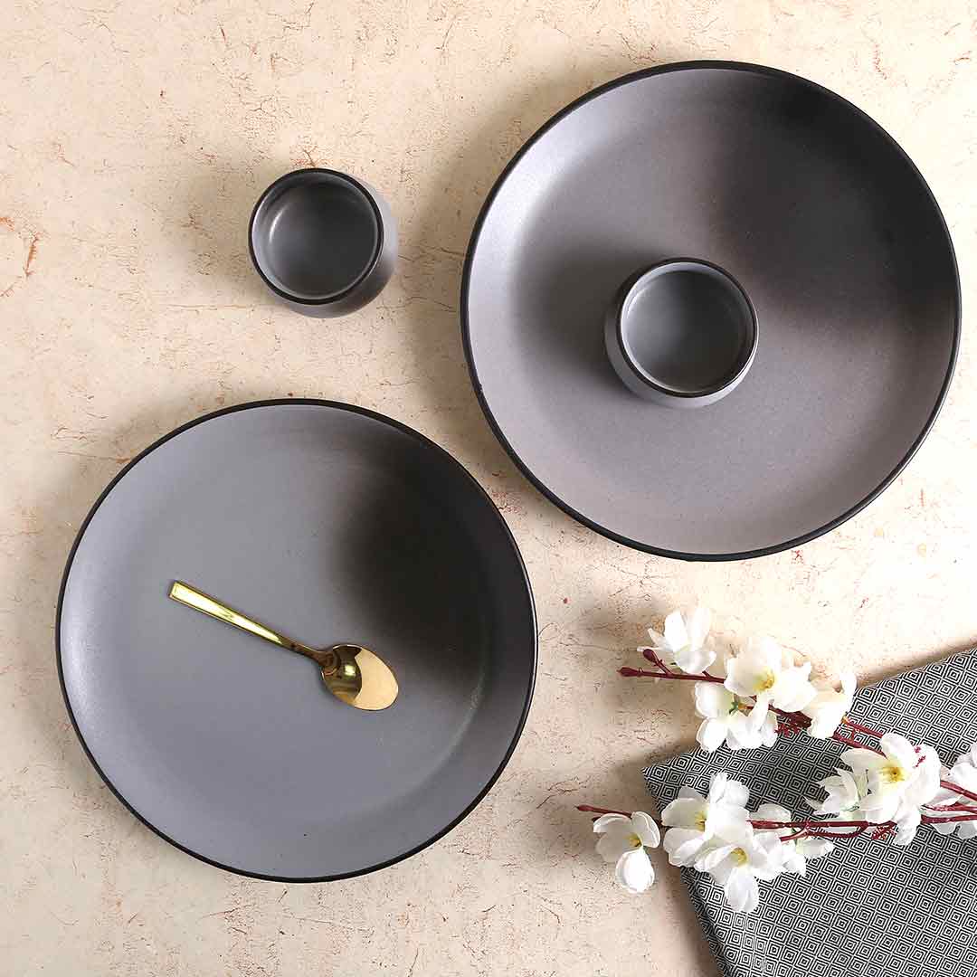 Teramo Stoneware 11" plate Grey (Set of 2) and Vati 8cm x 4 cm ht Grey (Set of 2)