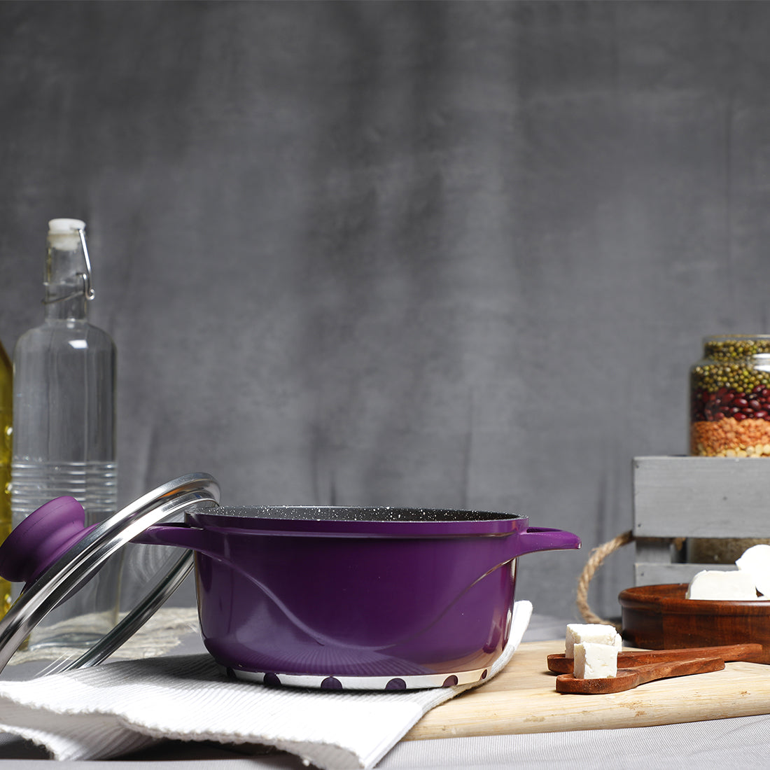 Ceramide Excellence Casserole Set, 3Pc (1200ML, 2000ML, 3500ML), Induction Friendly, Glass Lid, 2 Years Warranty, Purple