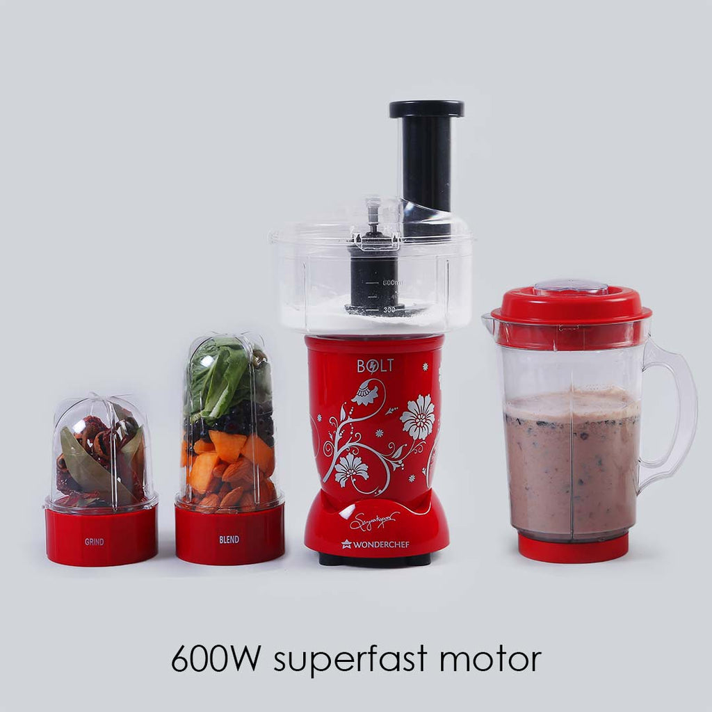 Nutri-blend BOLT-600W Mixer With Compact Food Processor & Atta Kneader, Stronger & Swifter With Sipper Lid, 22000RPM, 4 Unbreakable Jars, Sharper Steel Blades, 2 Yrs Warranty, Red, E-Recipe Book By Chef Sanjeev Kapoor