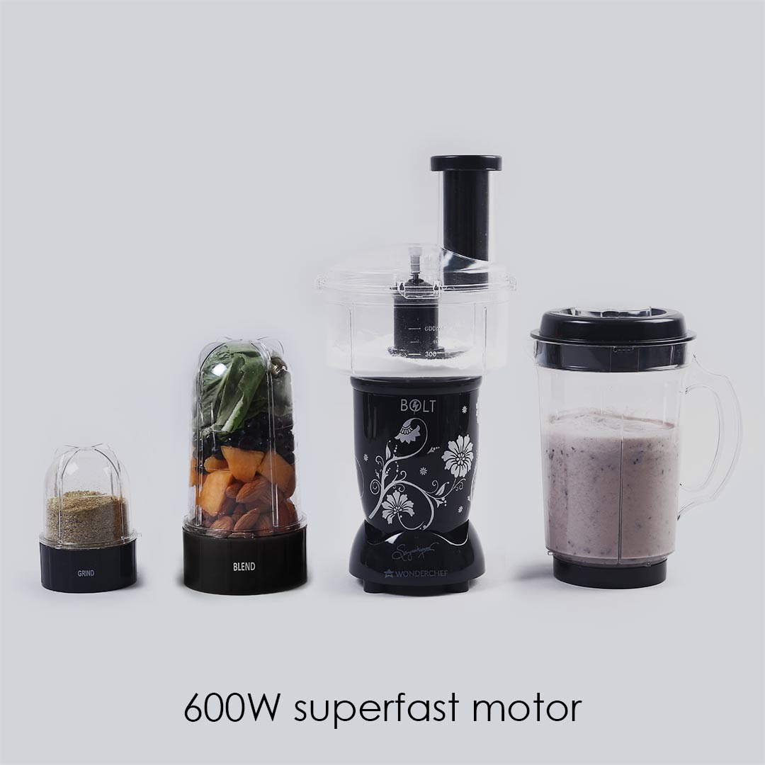 Nutri-blend BOLT-600W Mixer With Compact Food Processor & Atta Kneader, Stronger & Swifter With Sipper Lid, 22000RPM, 4 Unbreakable Jars, Sharper Steel Blades, 2 Yrs Warranty, Black, E-Recipe Book By Chef Sanjeev Kapoor