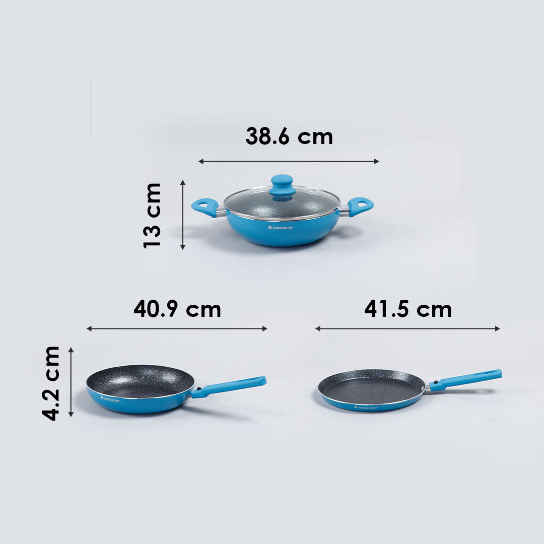 Power Non-stick Cookware Set, 4Pc (Wok with Lid, Fry Pan, Dosa Tawa), Induction Bottom, Soft Touch Bottom, Pure Grade Aluminum, PFOA Free, 2 Years Warranty, Blue