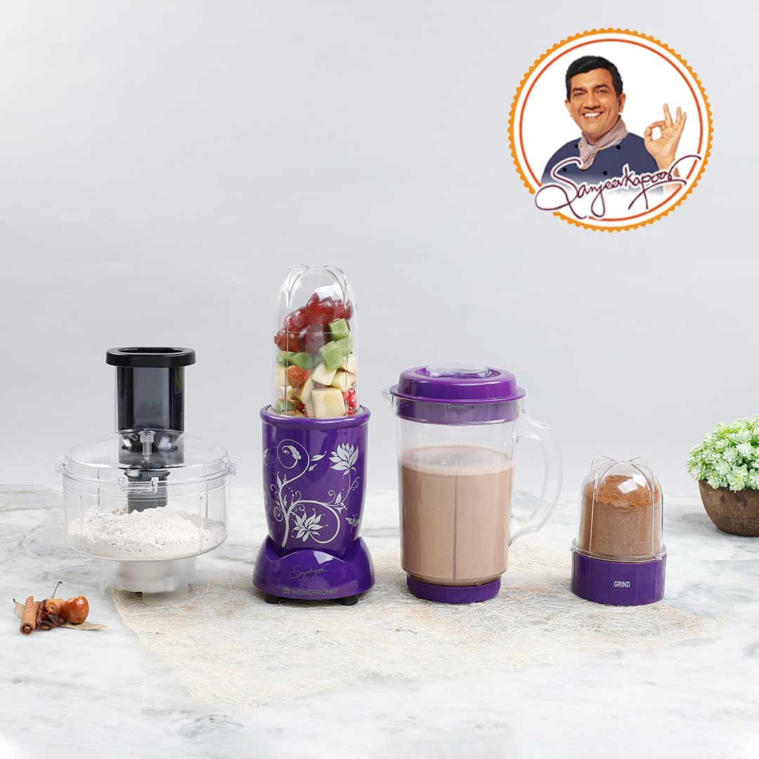 Nutri-blend Compact Food Processor with Atta Kneader, 400W, 22000 RPM Mixer-Grinder, Blender, Chopper, Juicer, SS Blades, 4 Unbreakable Jars, 2 Years Warranty, Purple, E-Recipe Book By Chef Sanjeev Kapoor