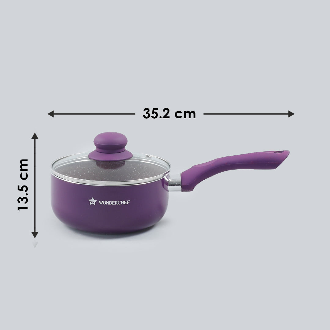 Royal Velvet Non-stick Sauce Pan with Lid, Induction bottom, Soft-touch handle, Virgin grade aluminium, PFOA/Heavy metals free, 3 mm, 2 years warranty, Purple