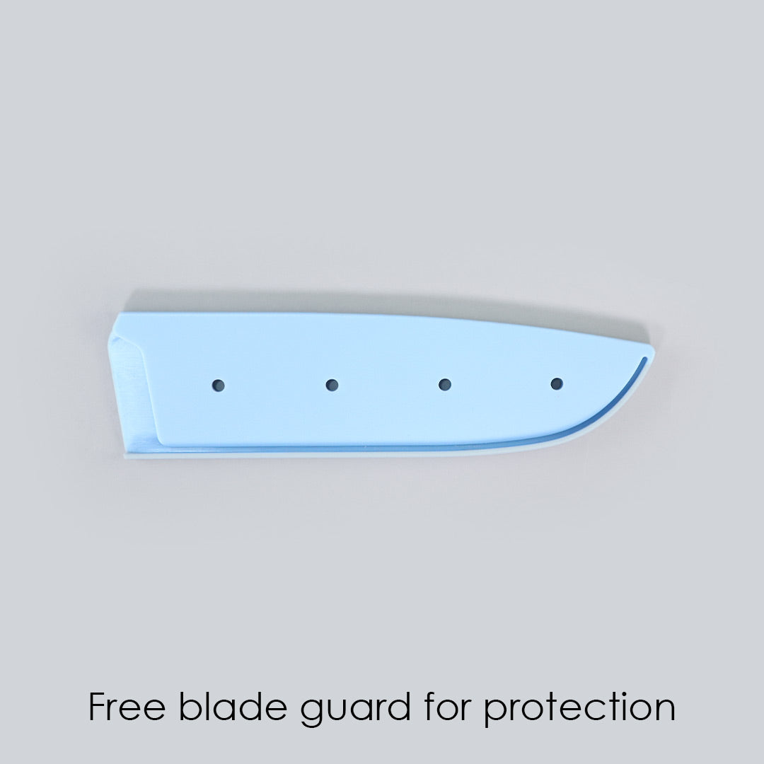 Easy Slice Stainless Steel Knife 8 Inches, Razor Sharp Double-Edged Blade, Hollow Blade Design, Full-Tang Construction, Plastic Guard for Protection, 5 Years Warranty, Blue