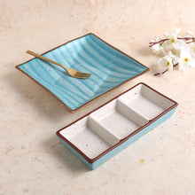 Load image into Gallery viewer, Teramo Stoneware Square Deep Platter 8&quot; x 8&quot; Blue  and 3 Portion Large Tray Blue