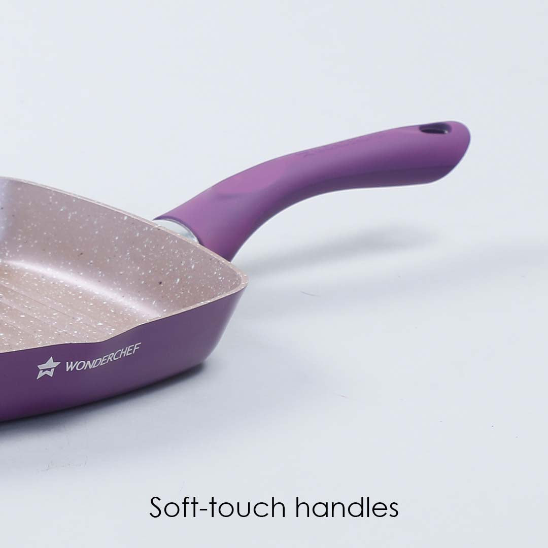 Royal Velvet Non-stick Grill Pan, Soft-Touch Handle, Virgin Grade Aluminium, PFOA/Heavy metals free, 2.5mm, Purple