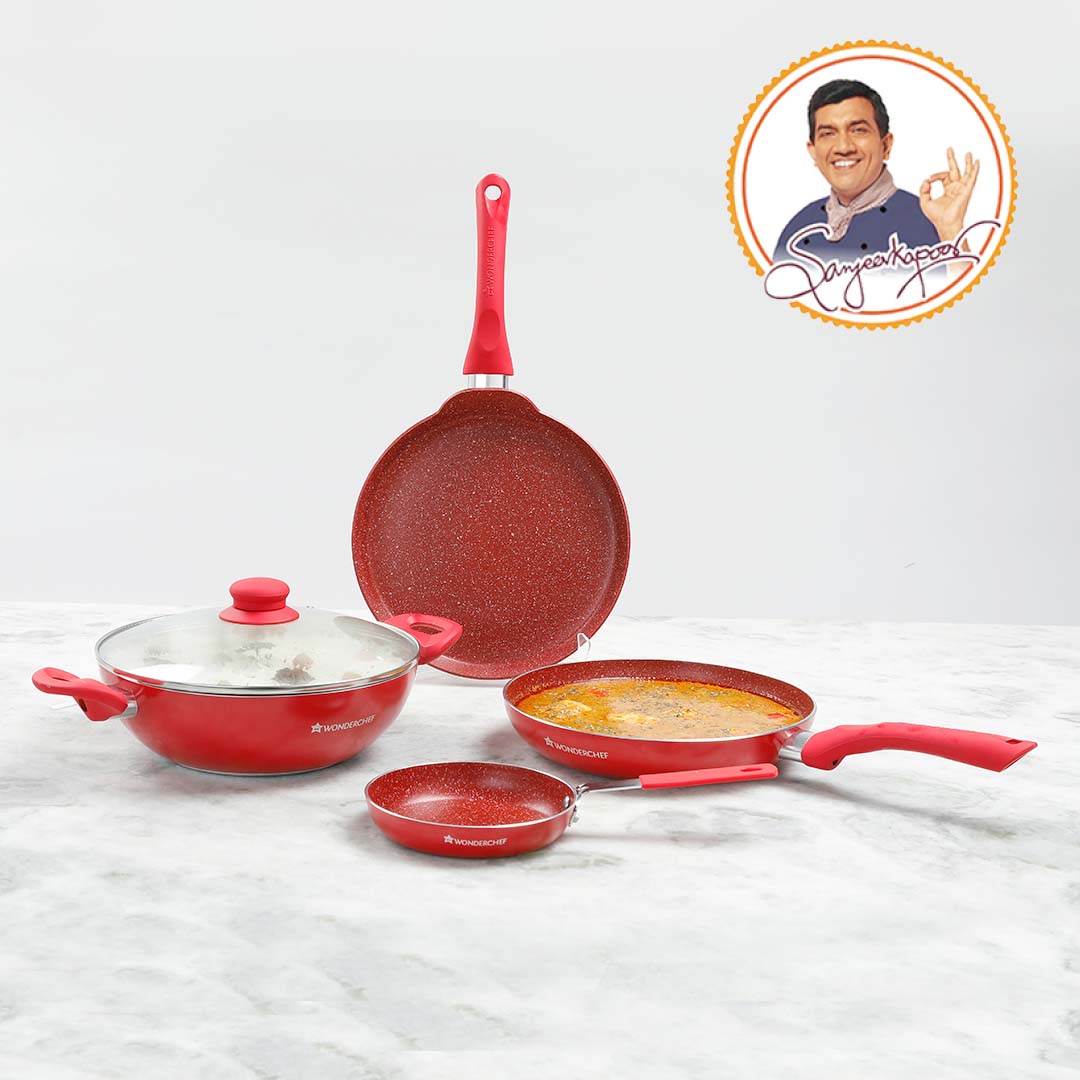 Royal Velvet Non-stick Cookware Set, 5Pc (Fry Pan with Lid, Wok, Dosa Tawa, Mini Fry Pan) Induction bottom, Soft-touch handles, Virgin Grade Aluminium, PFOA/Heavy Metals Free, 3 mm, 2 Years Warranty, Red