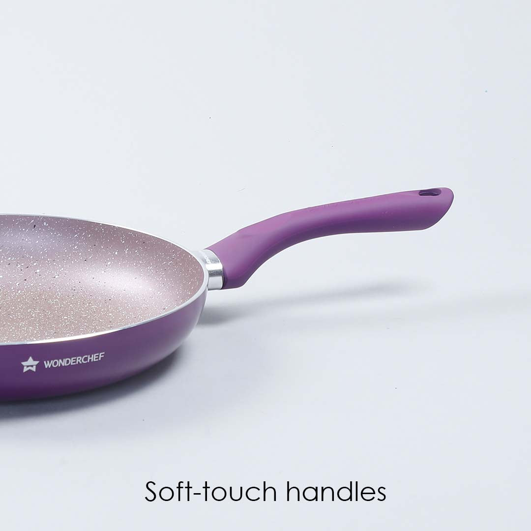 Royal Velvet Non-stick Fry Pan, Induction bottom, Soft-touch handle, Virgin grade aluminium, PFOA/Heavy metals free, 3mm, 2 years warranty, Purple