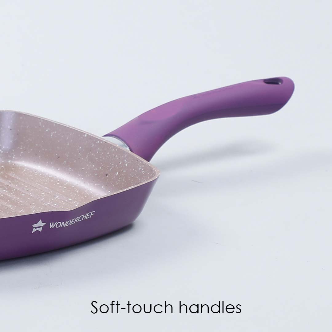 Royal Velvet Non-stick Grill Pan - 20cm, Soft-touch handles, Virgin Grade Aluminium, PFOA/Heavy metals free, 2.5mm, Purple