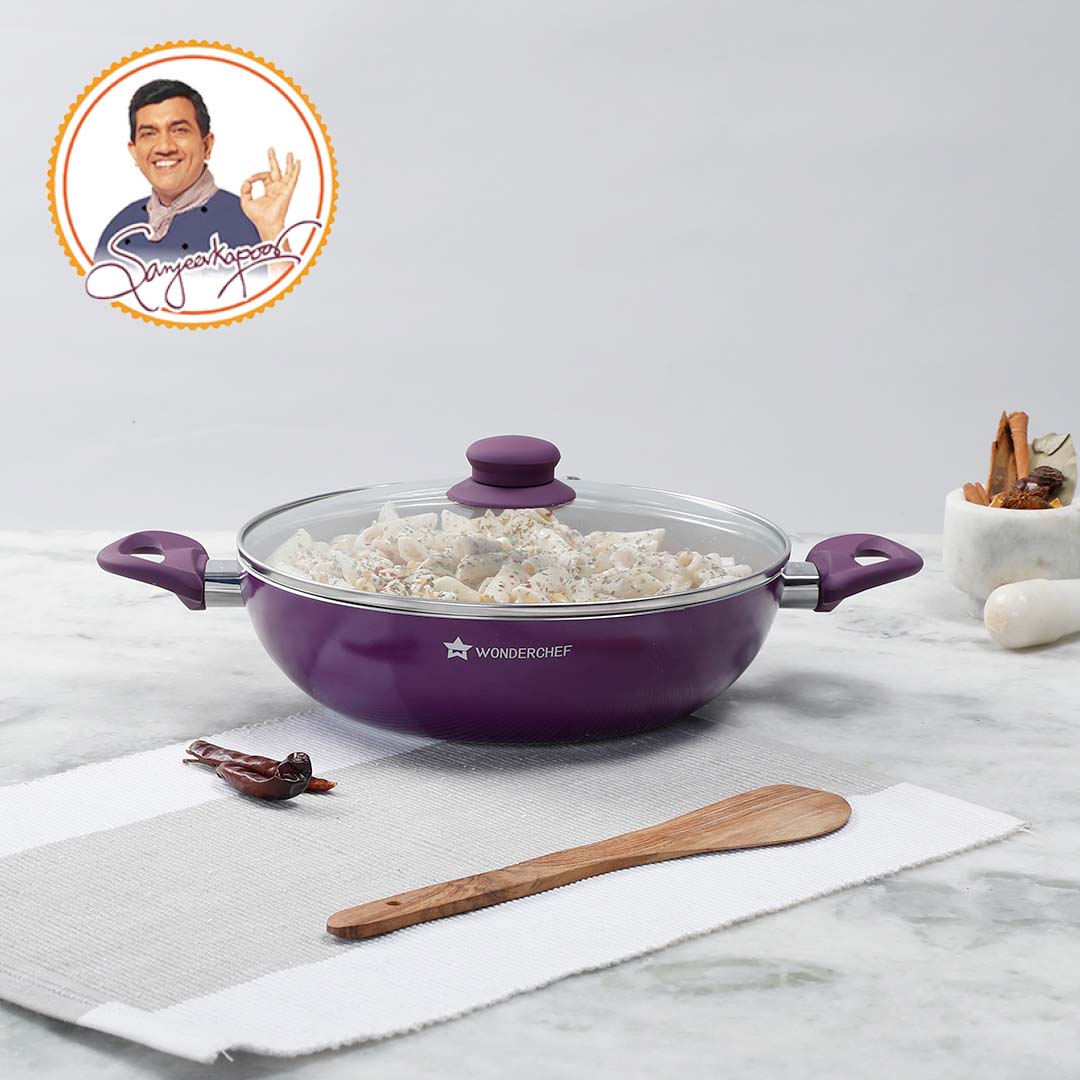 Royal Velvet Non-stick Wok with Lid, Induction bottom, Soft-touch handle, Virgin grade aluminium, PFOA/Heavy metals free, 3 mm, 2 years warranty, Purple