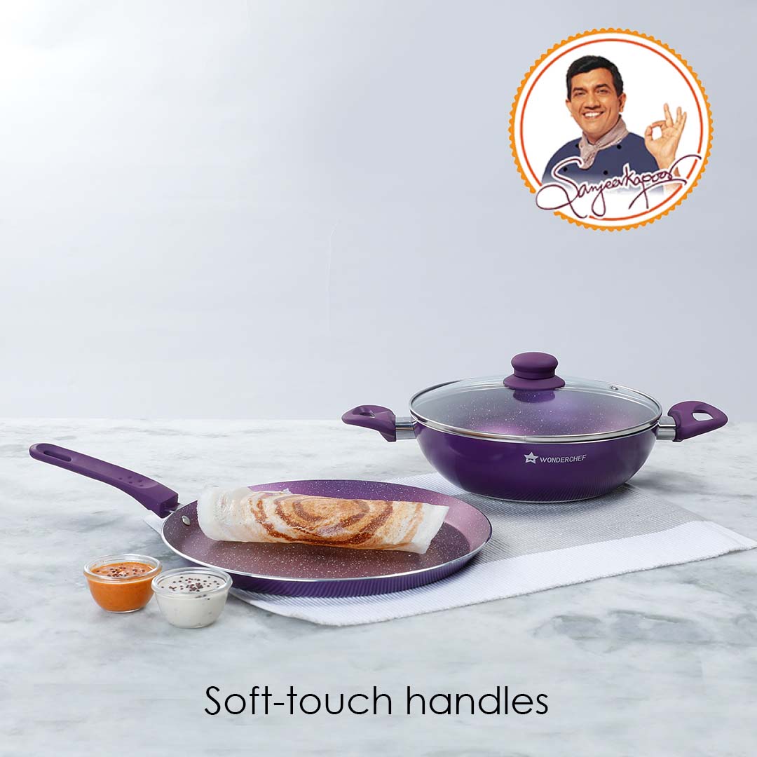 Orchid Non-stick Cookware Set, 3Pc (Wok with Lid, Dosa Tawa), Induction Bottom, Soft Touch Handle, Pure Grade Aluminium, PFOA Free, Purple