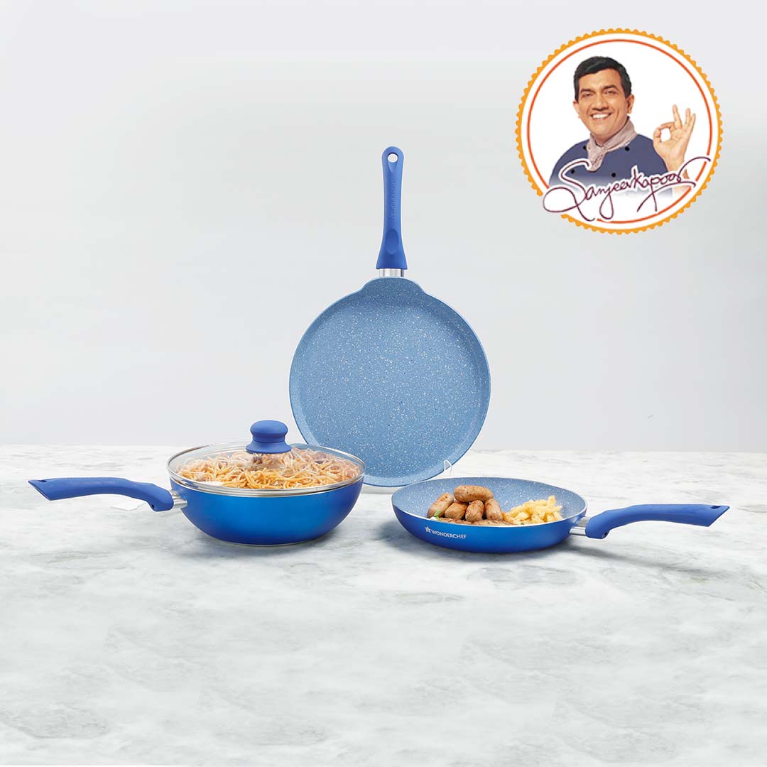 Royal Velvet Non-stick Cookware Set, 4Pc (Fry Pan with Lid, Wok, Dosa Tawa) Induction Bottom, Soft-touch Handles, Virgin Grade Aluminium, PFOA/Heavy Metals Free, 3mm, 2 Years Warranty, Blue