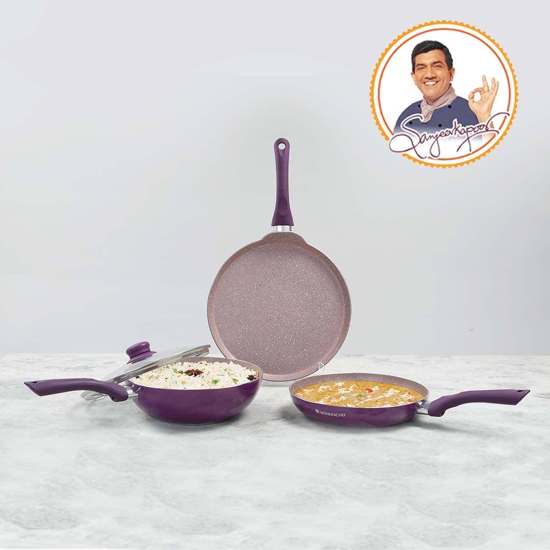 Royal Velvet Non-stick Cookware Set, 4Pc (Fry Pan with Lid, Wok, Dosa Tawa) 3mm, 2 Years Warranty, Purple