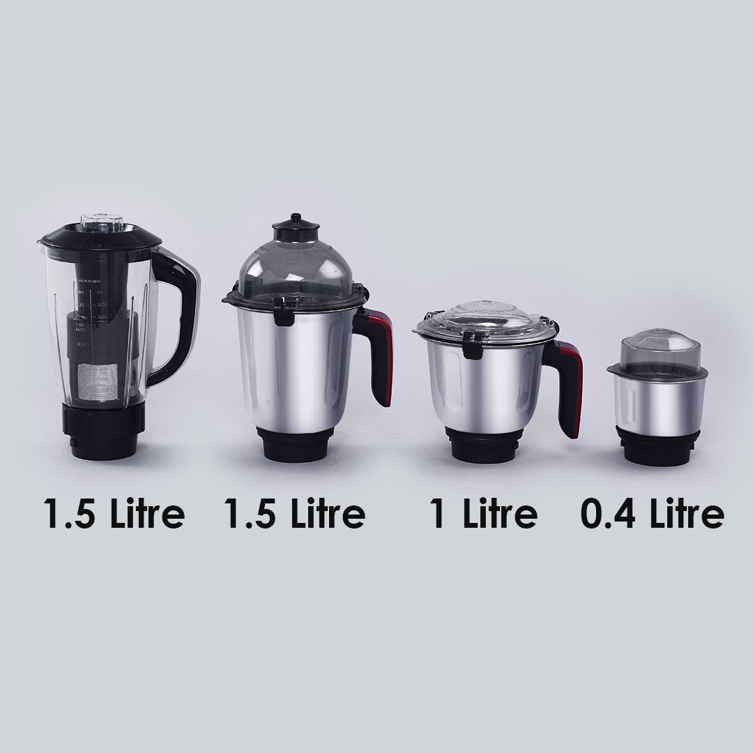 Platinum Mixer Grinder 750W with 4 Stainless Steel Jars And Anti-Rust Stainless Steel Blades, Ergonomic Handles, 5 Years Warranty On Motor,  Black & Crimson