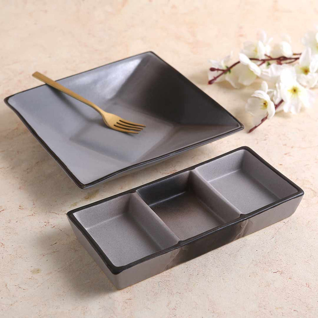 Teramo Stoneware Square Deep Platter 8" x 8" Grey  and 3 Portion Large Tray Grey