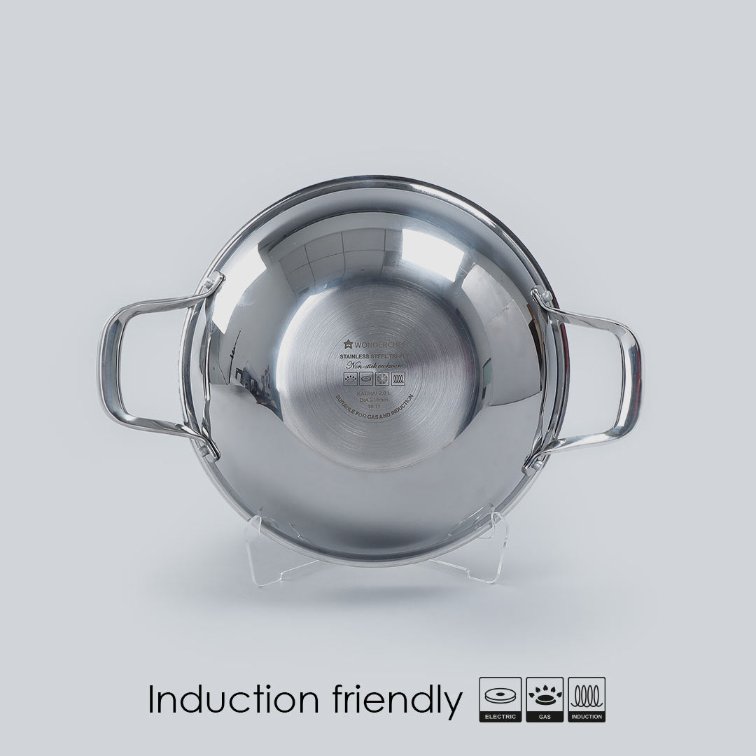 Stanton Stainless Steel Non-stick Kadhai with Lid- 24cm, 2L, 2.5mm, Silver