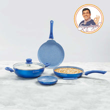 गैलरी व्यूवर में इमेज लोड करें, Royal Velvet Non-stick Cookware Set, 5Pc (Fry Pan with Lid, Wok, Dosa Tawa, Mini Fry Pan) Induction Bottom, Soft-touch Handles, Virgin Grade Aluminium, PFOA/Heavy Metals Free, 3mm, 2 Years Warranty, Blue