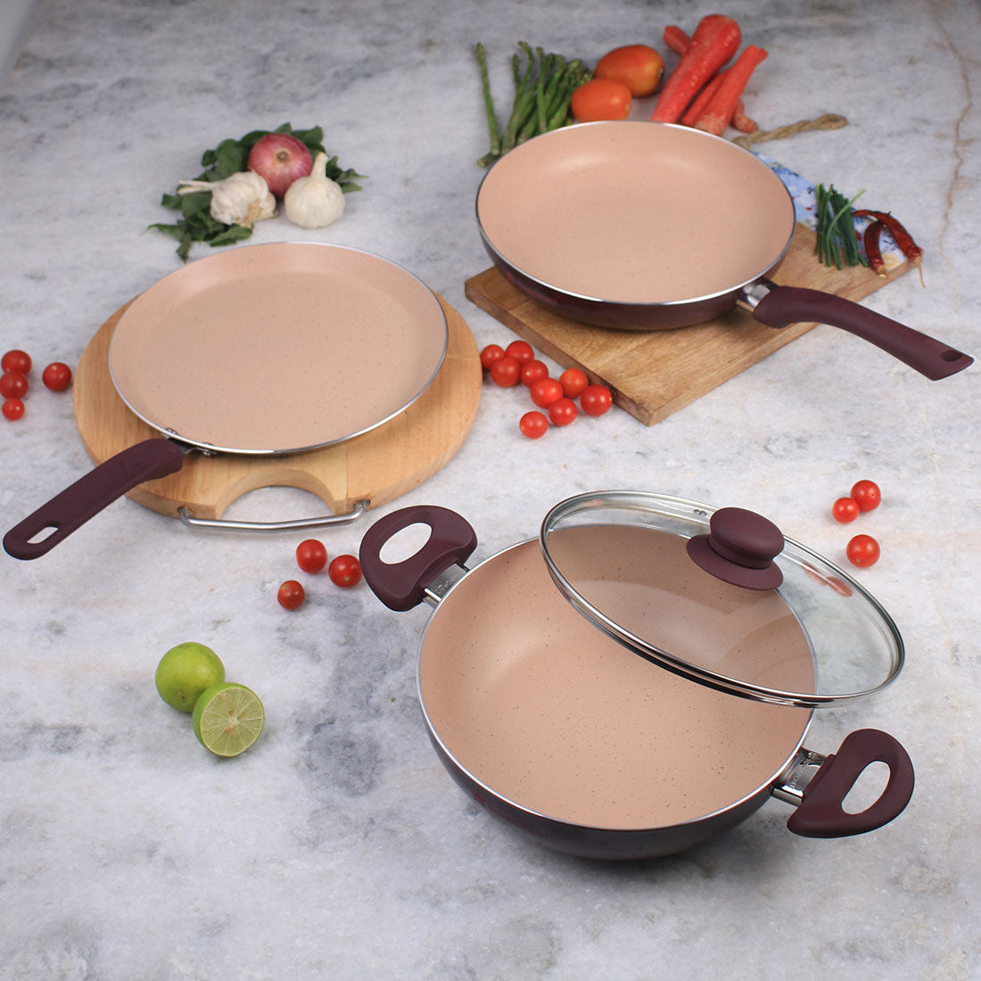 New Milano Set Burgundy 24 cm, Wok, Fry Pan, Dosa Tawa, Meta Tuff - non - stick coating, Pure grade Aluminum,