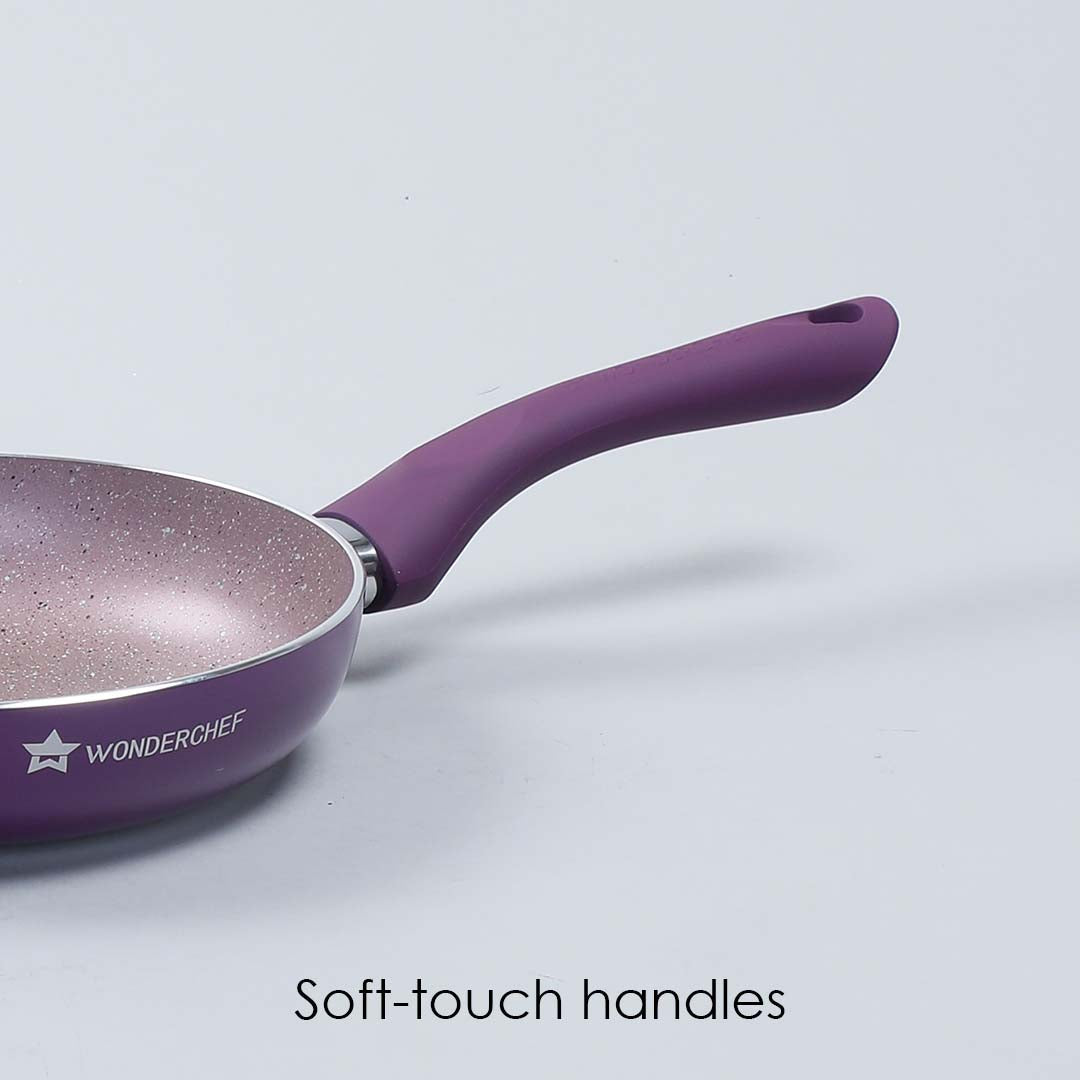 Royal Velvet Non-stick Fry Pan, Induction bottom, Soft-touch handle, Virgin grade aluminium, PFOA/Heavy metals free, 3mm, 2 years warranty, Purple