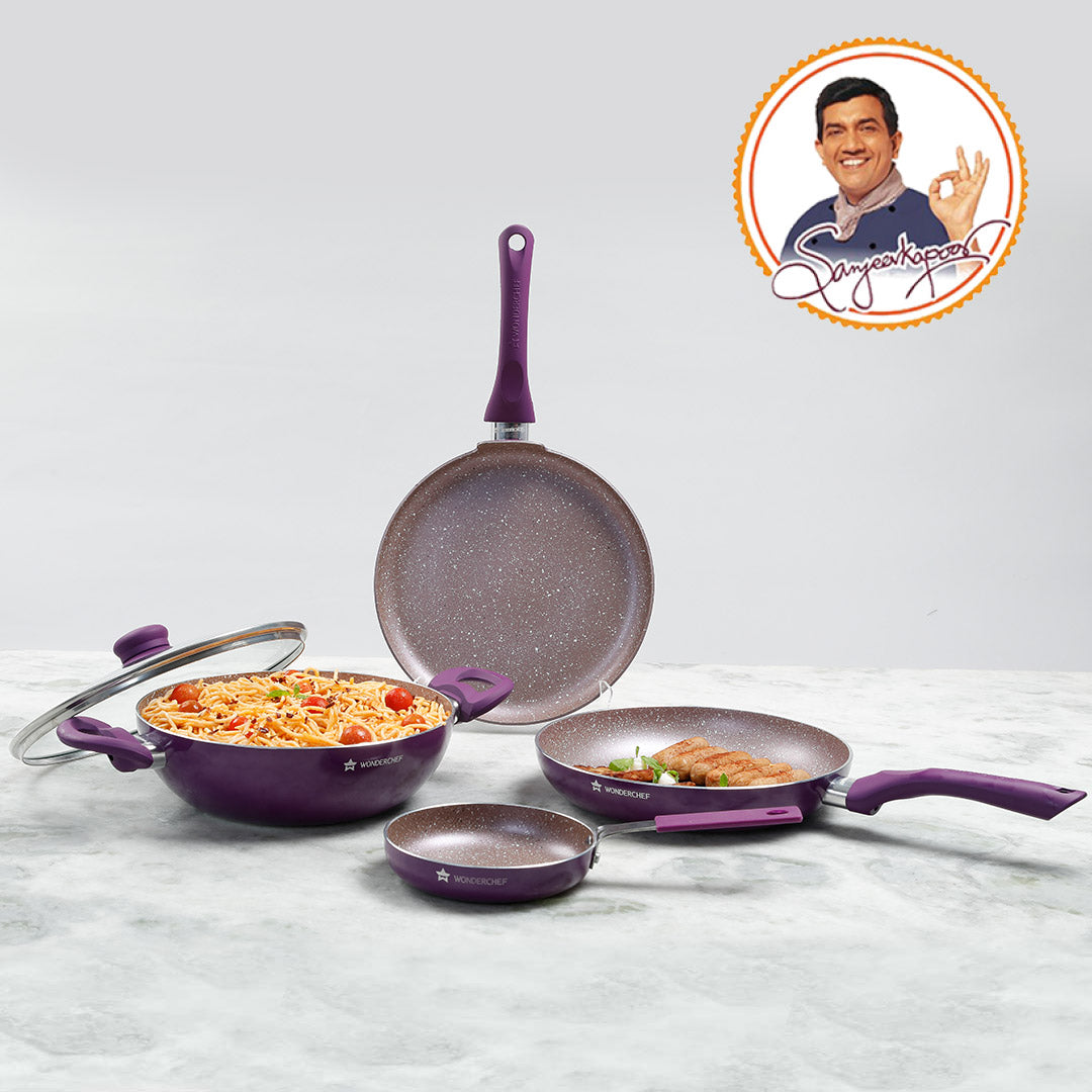 Royal Velvet Non-stick Cookware Set, 5Pc (Fry Pan with Lid, Wok, Dosa Tawa, Mini Fry Pan) Induction bottom, Soft-touch handles, Virgin Grade Aluminium, PFOA/Heavy Metals Free, 3mm, 2 Years Warranty, Purple