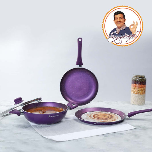 Orchid Non-stick Cookware Set, 4Pc (Wok with Lid, Fry Pan, Dosa Tawa), Induction Bottom, Soft Touch Handles, Pure Grade Aluminum, PFOA Free, 2 Years Warranty, Purple