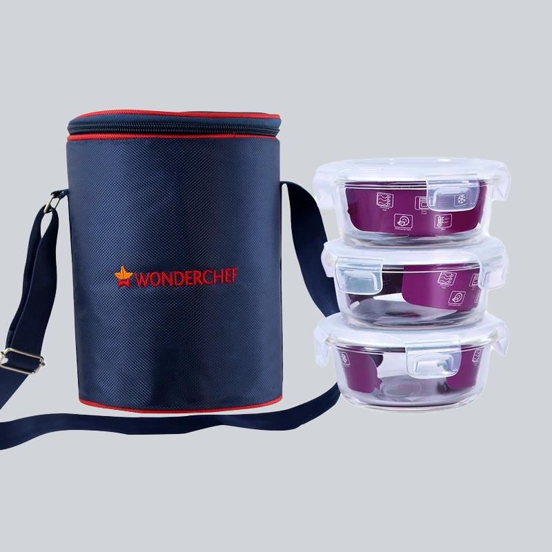 Nutri-Meal Lunch Box With Bag and 3 Toughened Glass Containers, Anti-Spill Design