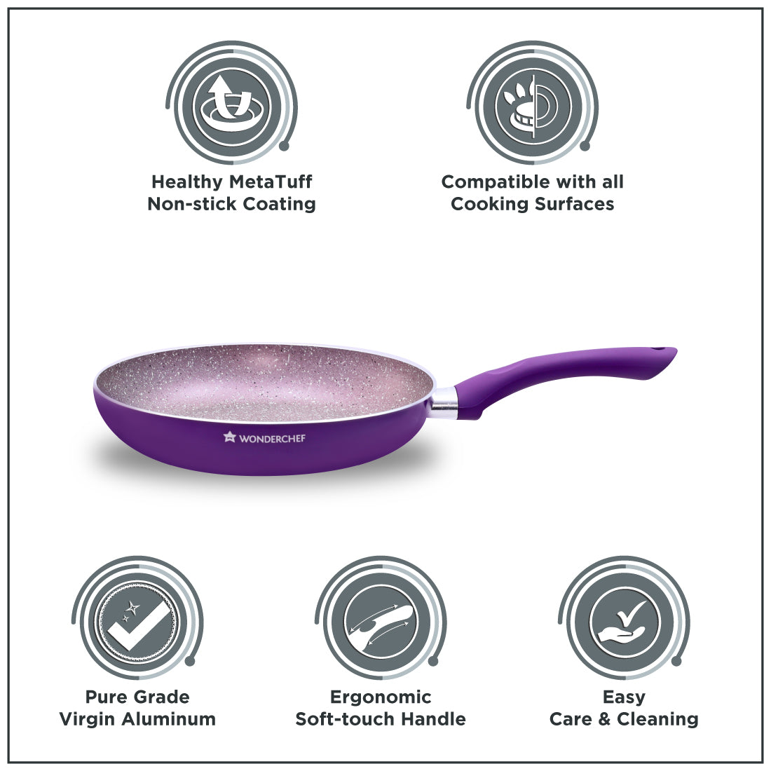 Royal Velvet Non-stick Fry Pan, Induction bottom, Soft-touch handle, Virgin grade aluminium, PFOA/Heavy metals free, 3mm, 2 years warranty, Purple