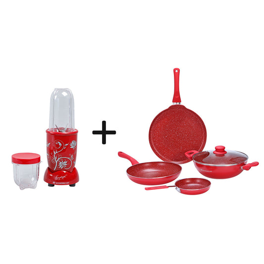 Nutri-Blend Mixer Grinder 2 Jar (Red) and Royal Velvet Aluminium Nonstick Cookware Set (Red)