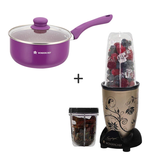 Nutri-Blend Mixer Grinder 2 Jar (Champagne) And Royal Velvet Aluminium Nonstick Sauce Pan (Purple)