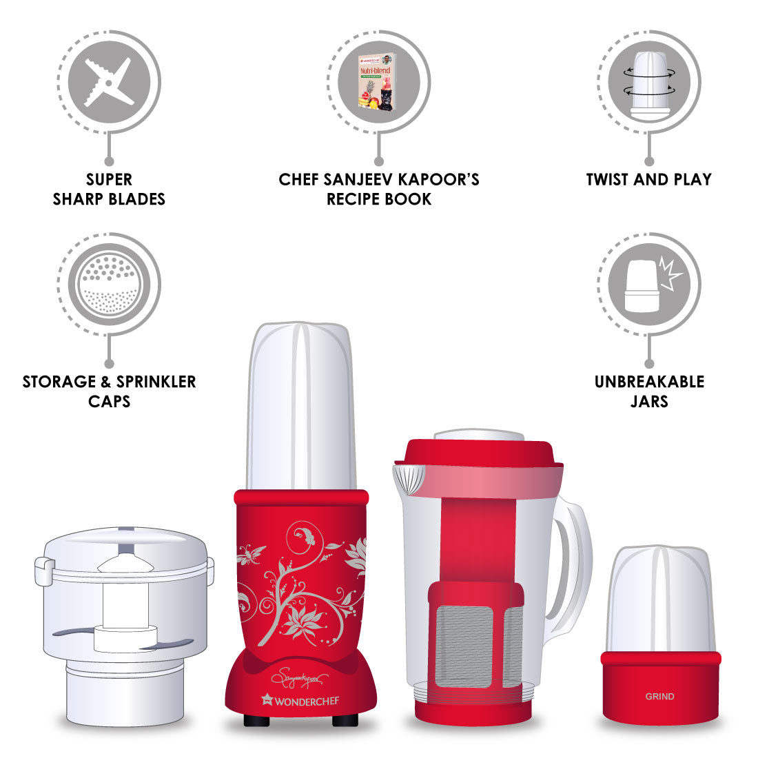 Nutri-blend Complete Kitchen Machine, 400W, 22000 RPM Mixer-Grinder, Blender, Chopper, Juicer, SS Blades, 4 Unbreakable Jars, 2 Years Warranty, Red, Online Recipe Book By Chef Sanjeev Kapoor