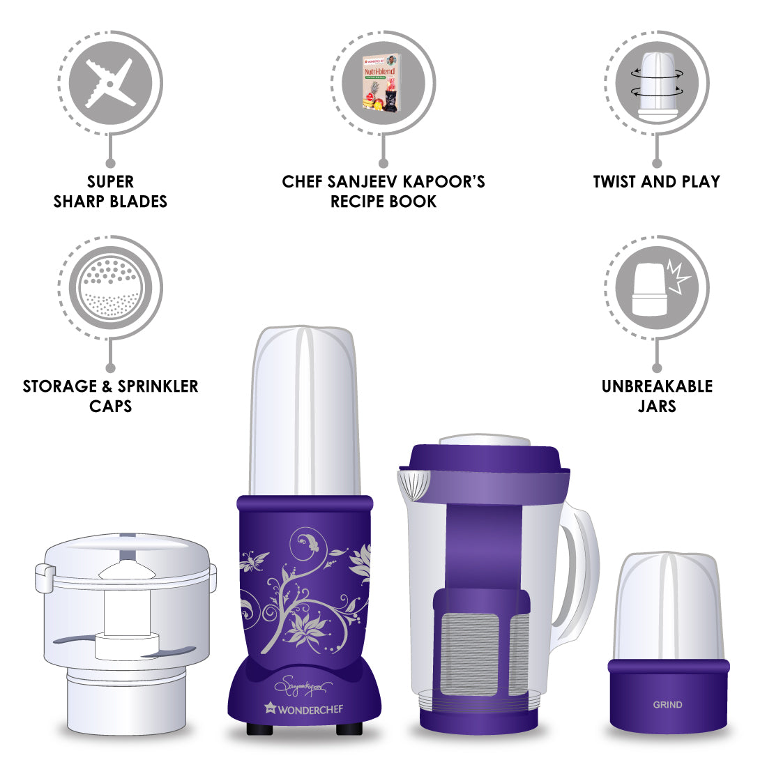 Nutri-blend Complete Kitchen Machine, 400W, 22000 RPM Mixer-Grinder, Blender, Chopper, Juicer, SS Blades, 4 Unbreakable Jars, 2 Years Warranty, Purple, Online Recipe Book By Chef Sanjeev Kapoor