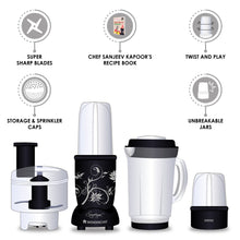 Load image into Gallery viewer, Nutri-blend Compact Food Processor with Atta Kneader, 400W, 22000 RPM Mixer-Grinder, Blender, Chopper, Juicer, SS Blades, 4 Unbreakable Jars, 2 Years Warranty, Black, E-Recipe Book By Chef Sanjeev Kapoor