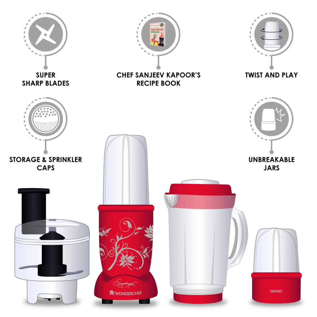 Nutri-blend Compact Food Processor with Atta Kneader, 400W, 22000 RPM Mixer-Grinder, Blender, Chopper, Juicer, SS Blades, 4 Unbreakable Jars, 2 Years Warranty, Red, E-Recipe Book By Chef Sanjeev Kapoor