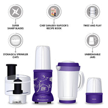 Load image into Gallery viewer, Nutri-blend Compact Food Processor with Atta Kneader, 400W, 22000 RPM Mixer-Grinder, Blender, Chopper, Juicer, SS Blades, 4 Unbreakable Jars, 2 Years Warranty, Purple, E-Recipe Book By Chef Sanjeev Kapoor