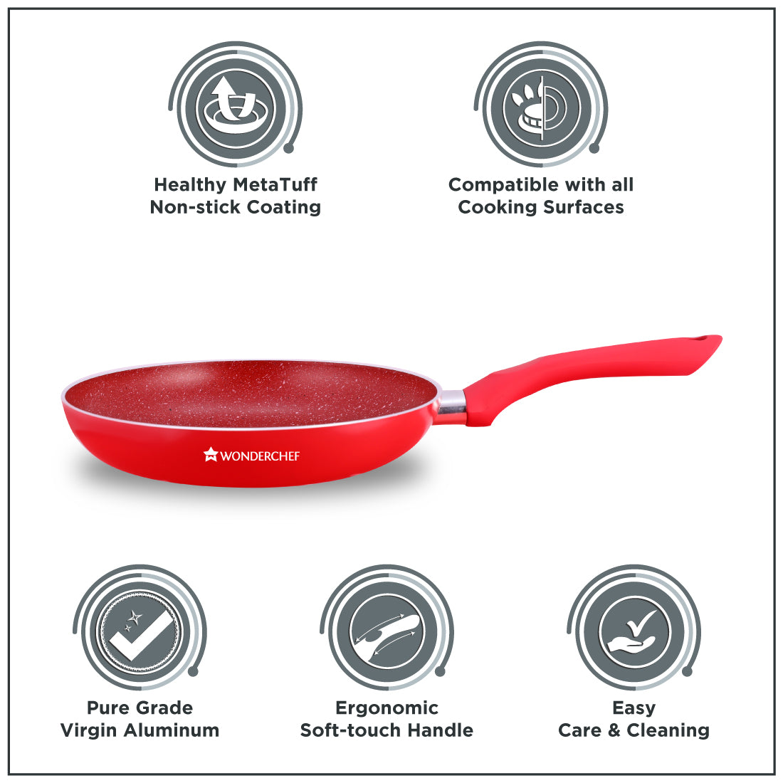 Royal Velvet Non-stick Fry Pan, Induction Bottom, Soft-Touch Handle, Pure Grade Aluminium, PFOA/Heavy Metals Free- 24cm, 1.8L, 3mm, Red