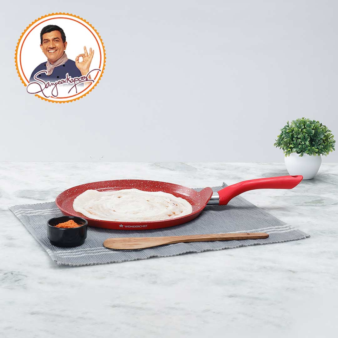 Royal Velvet Non-stick Dosa Tawa, Induction bottom, Soft-touch Handle, Virgin Grade Aluminium, PFOA/Heavy metals free, 30cm, 3mm, 2 years warranty, Red