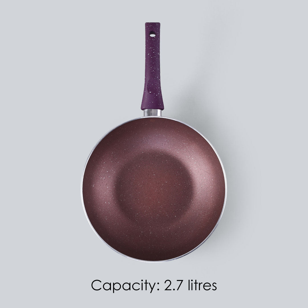 Granite Aluminium Non-stick  Wok with Glass Lid, 24cm, 2.7L, 3.5mm, Purple, Compatible On Hot Plate, Hobs, Gas Stove, Ceramic Plate And Induction, 2 Years Warranty