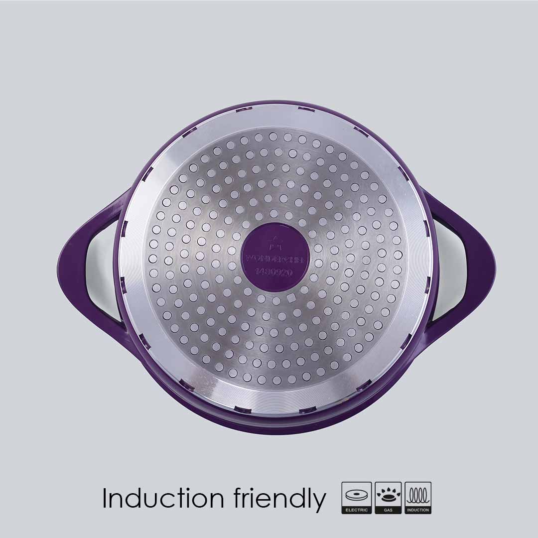 Ceramide Excellence Casserole Set, 3Pc (1200ML, 2000ML, 3500ML), Induction Friendly, Glass Lid, 2 Years Warranty, Purple