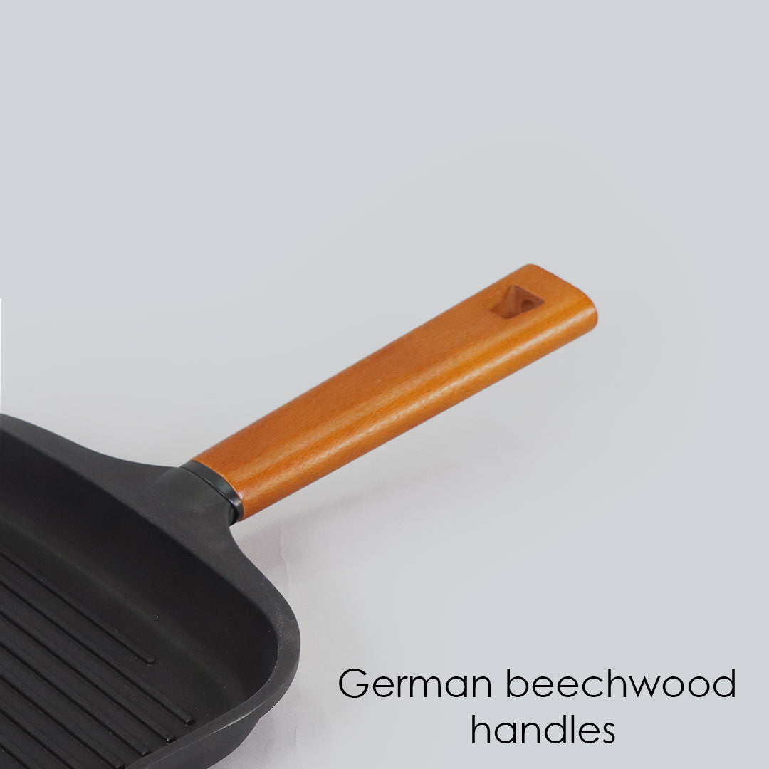 Caesar Non-stick Grill Pan With Wooden Handle, Pure Grade Aluminium, Induction Friendly, 24cm, 1.4L, 5mm, 5 Years Warranty, Black