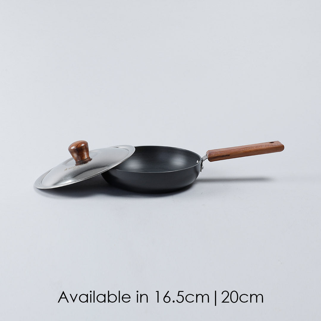 Ebony Deep Fry Pan with Lid, Induction Bottom, Wooden Handle, Hard Anodized Aluminium-  3.25mm, 5 Years Warranty, Grey