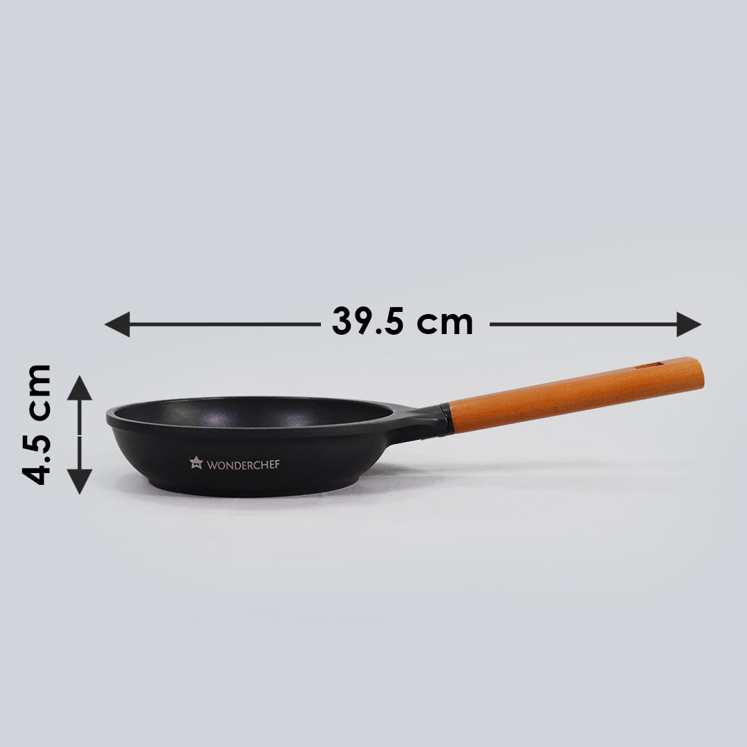 Caesar Non-stick Fry Pan, Induction Bottom, Wooden Handle, Pure Grade Aluminium- 18cm, 0.9L, 5mm, 5 Years Warranty, Black