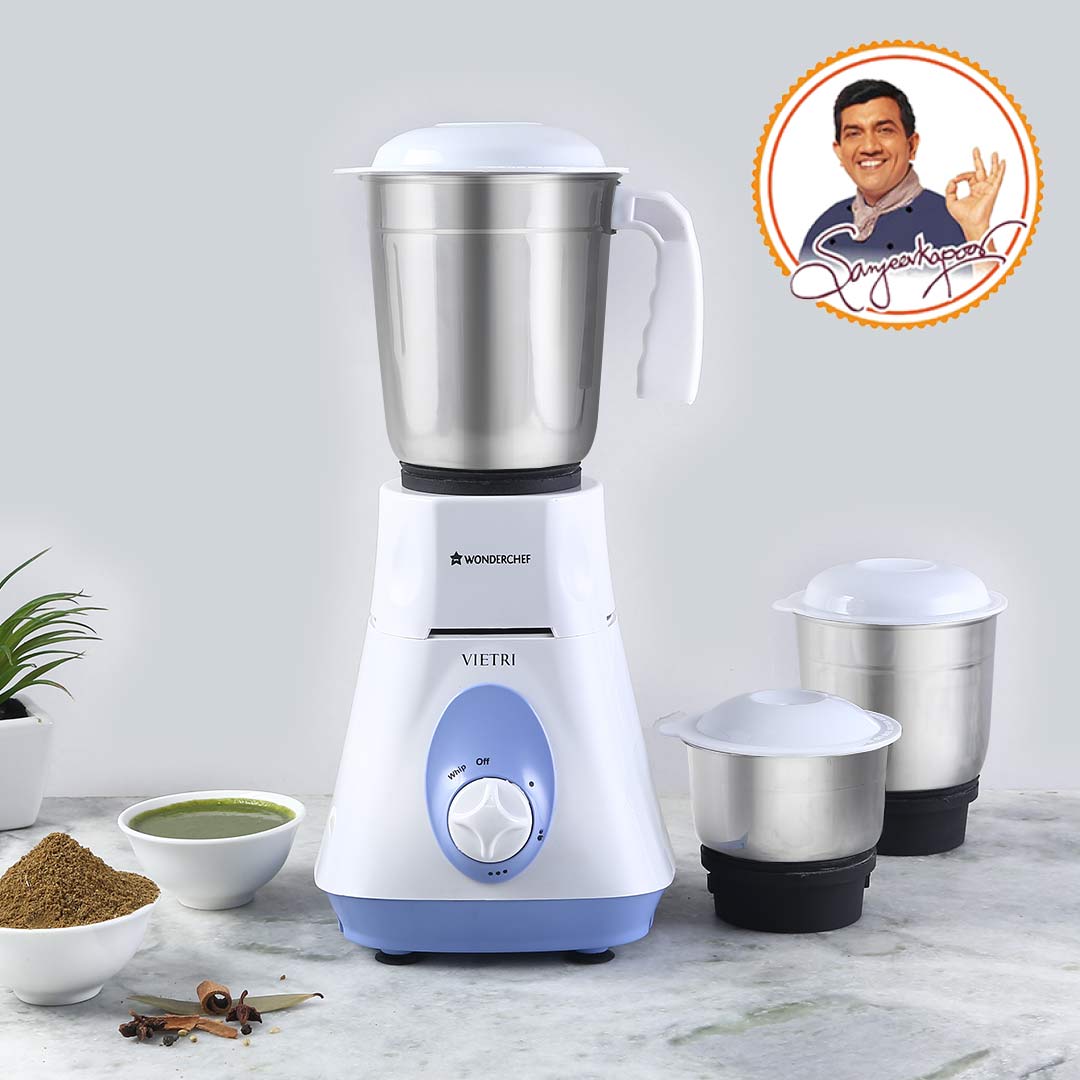 Wonderchef Vietri Mixer Grinder 500W With 3 Stainless Steel Jars (White & Blue)