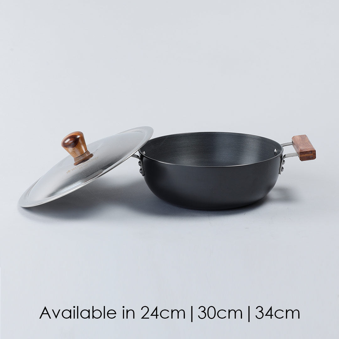 Ebony Hard Anodized Aluminium Deep Kadhai with Lid, 24cm, 3L, 3.25mm, Black