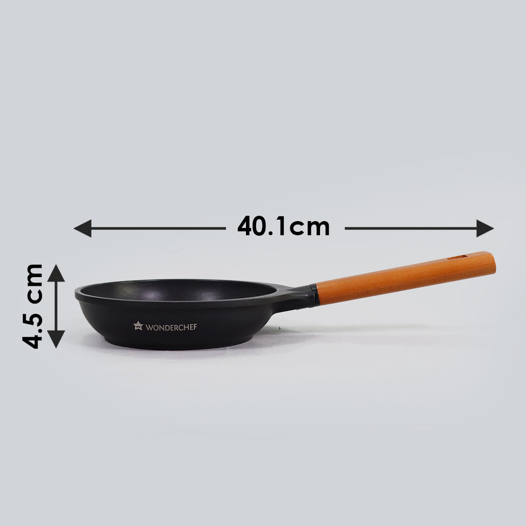 Caesar Non-stick Fry Pan, Induction Bottom, Wooden Handle, Die-cast Aluminium- 20cm, 1L, 5mm, 5 Years Warranty, Black