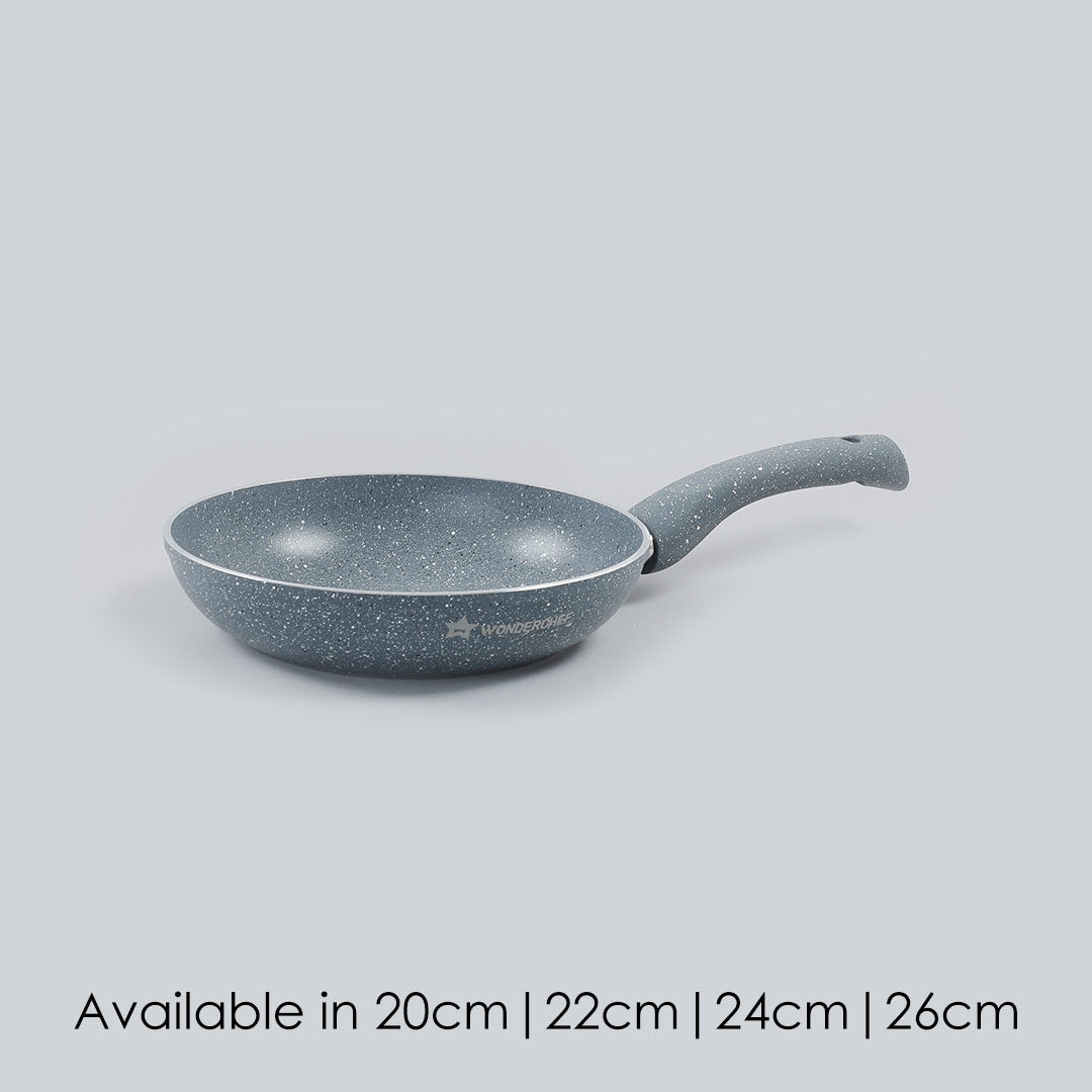 Granite Non-stick Fry Pan, Induction Bottom, Soft Touch Handle, Virgin Grade Aluminium, PFOA/Heavy metals free, 3.5mm, 2 Years Warranty, Grey