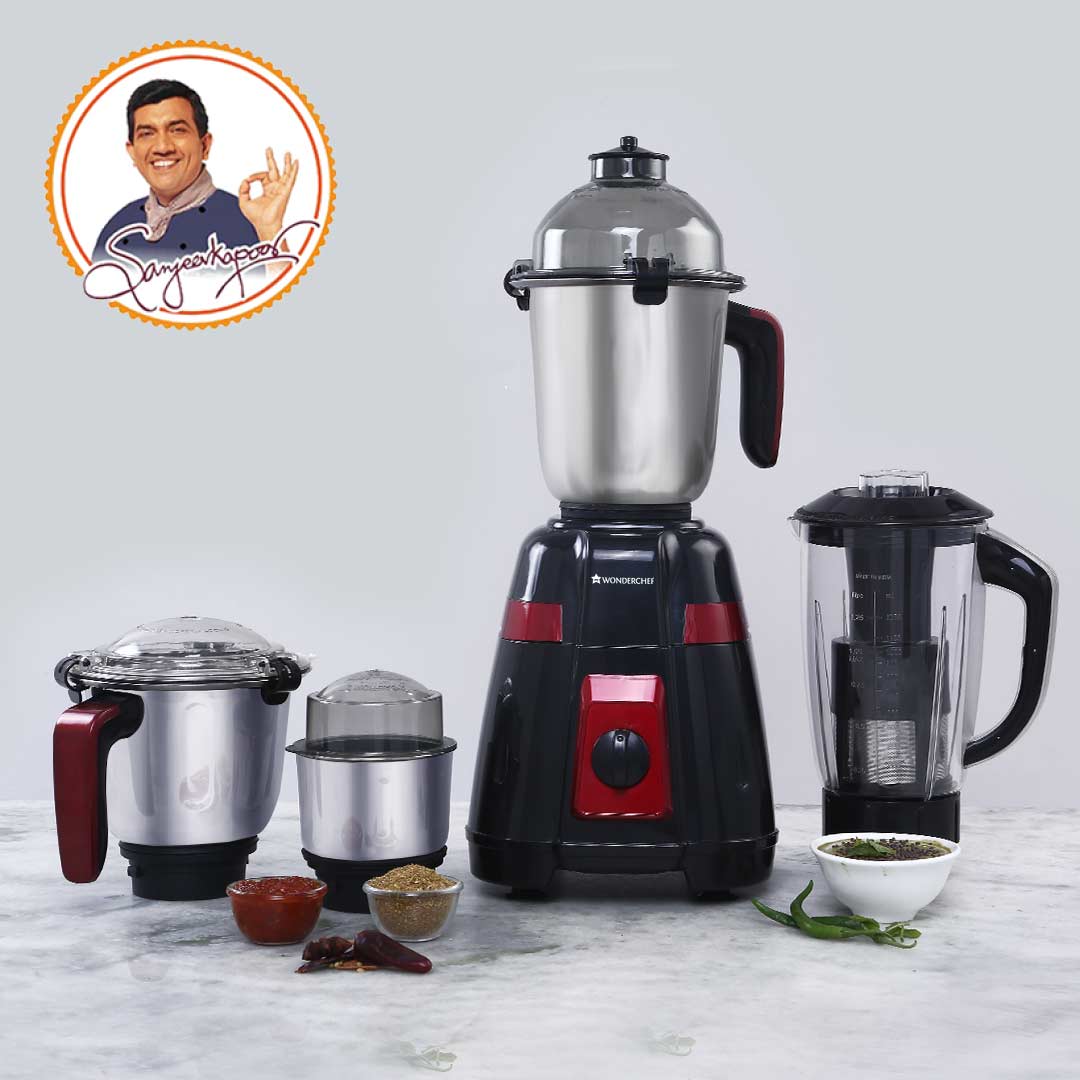 Platinum Mixer Grinder 750W with 4 Stainless Steel Jars And Anti-Rust Stainless Steel Blades, Ergonomic Handles, 5 Years Warranty On Motor,  Black & Crimson