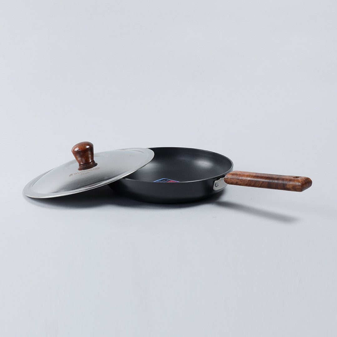 Ebony Fry Pan, Induction Bottom, Wooden Handle, Hard Anodized Aluminium- 24cm, 1.75L, 3.25mm, 5 Years Warranty, Black